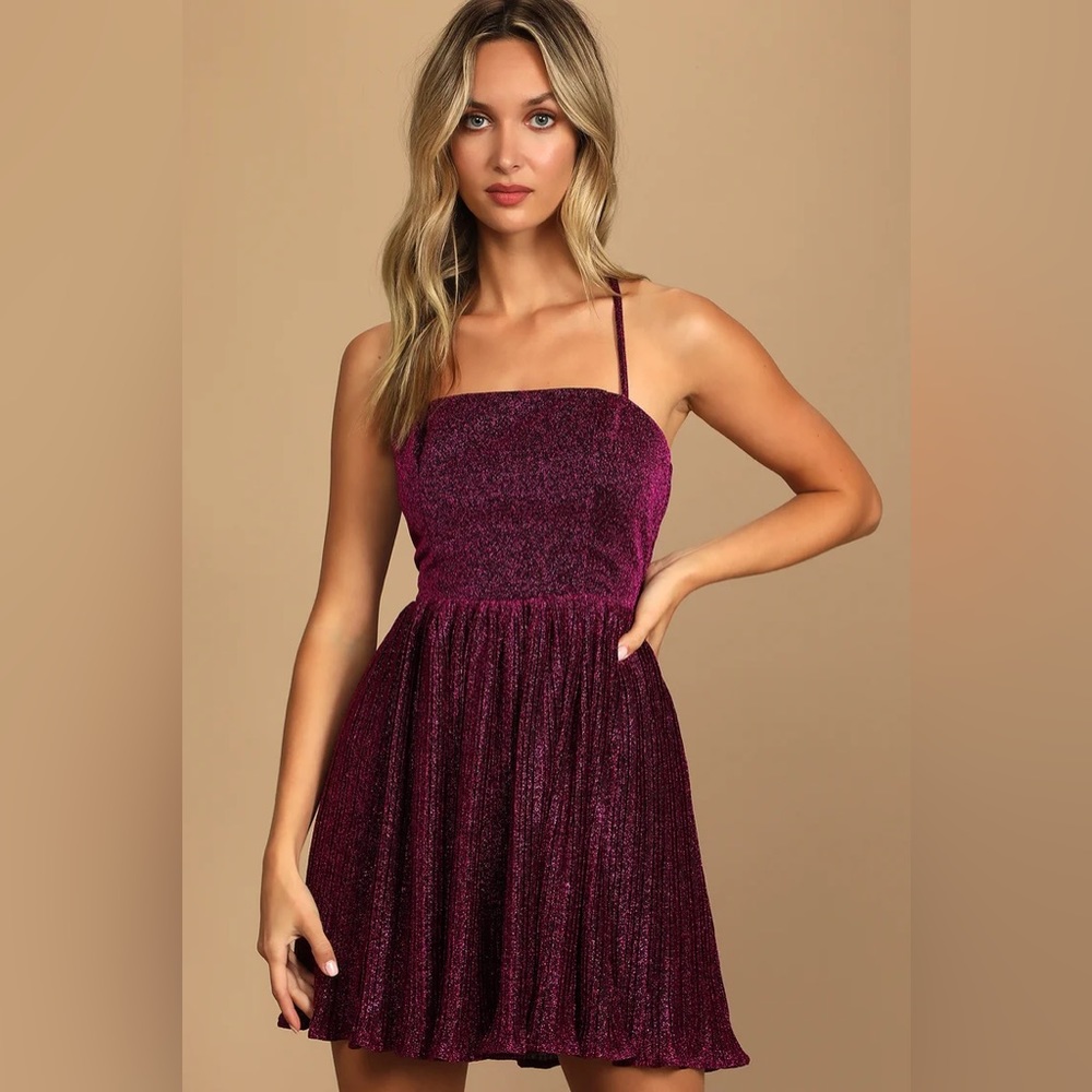 COPY - Lulu’s Party Era Magenta Sparkly Lace-Up Pleated Skater Dress Size XL NWT